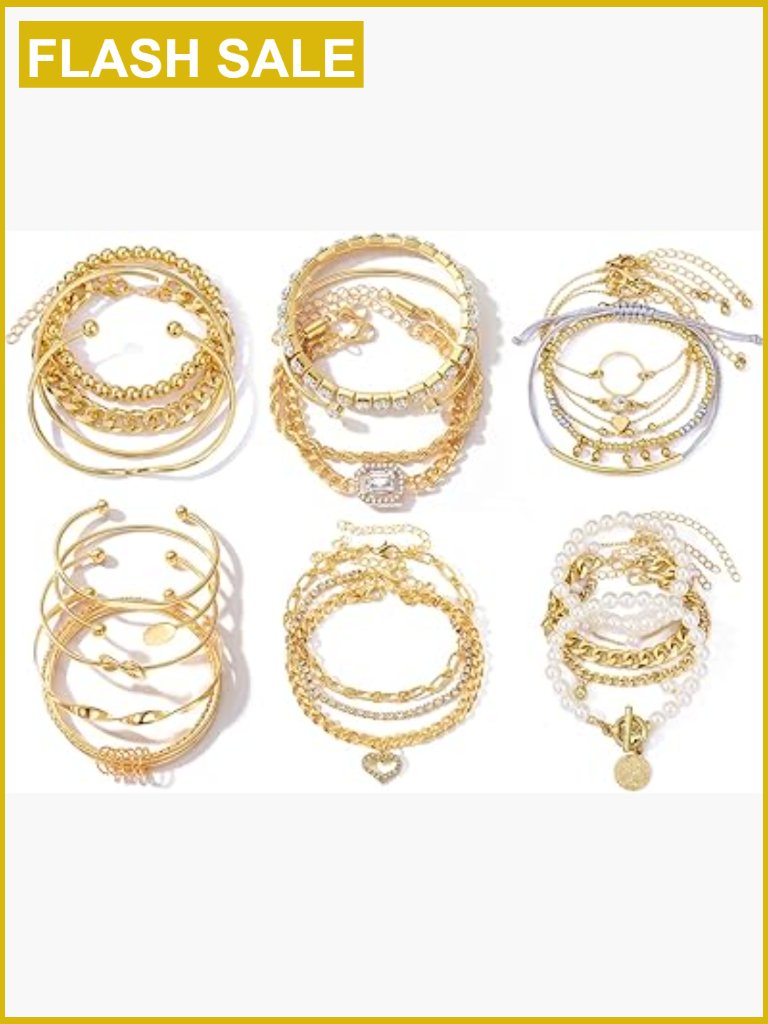6 Pack Gold Plated Adjustable Stackable Bracelets Set, 27 Pieces Layered